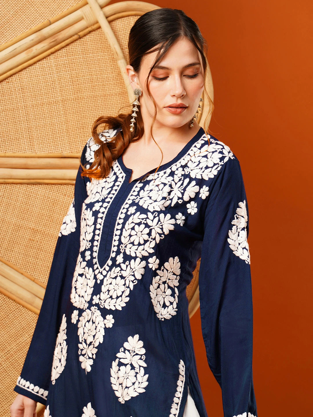 Ada Hand Embroidered Navy Blue Modal Lucknowi Chikankari Straight Kurta A411585