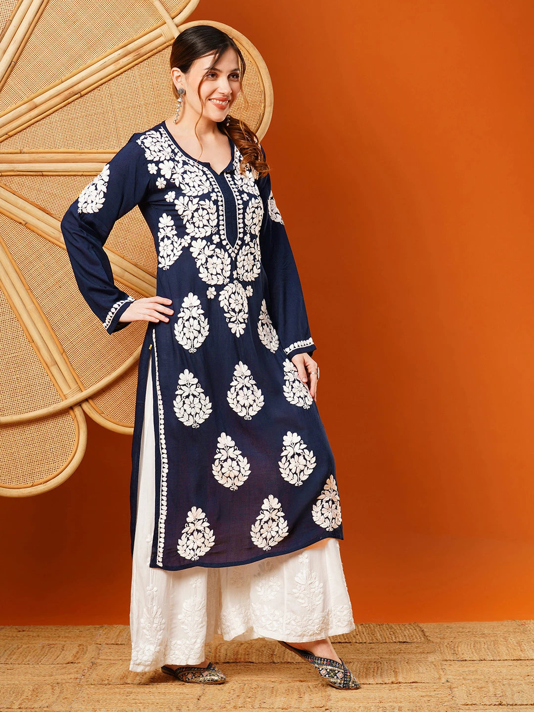 Ada Hand Embroidered Navy Blue Modal Lucknowi Chikankari Straight Kurta A411585