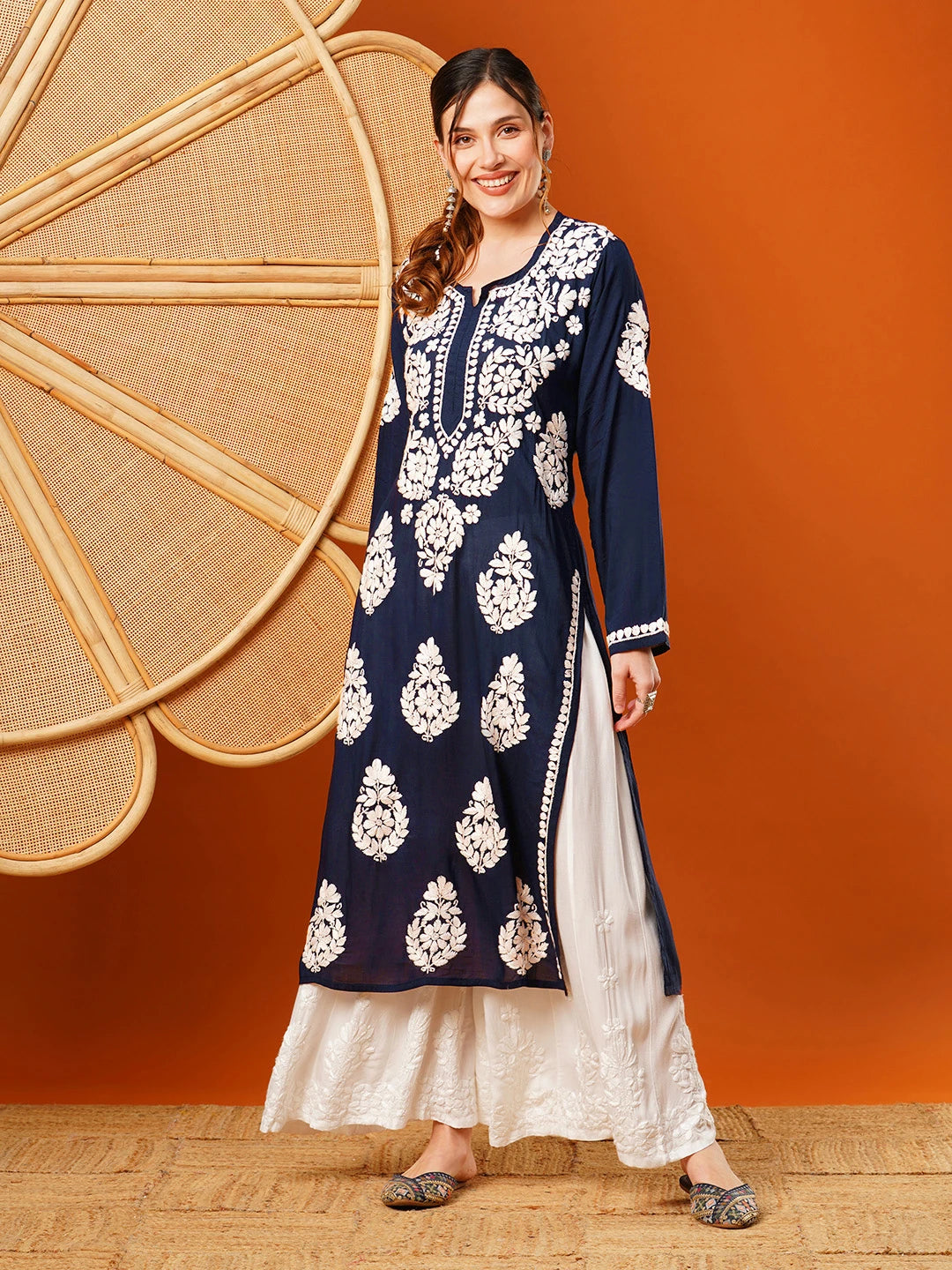 Ada Hand Embroidered Navy Blue Modal Lucknowi Chikankari Straight Kurta A411585