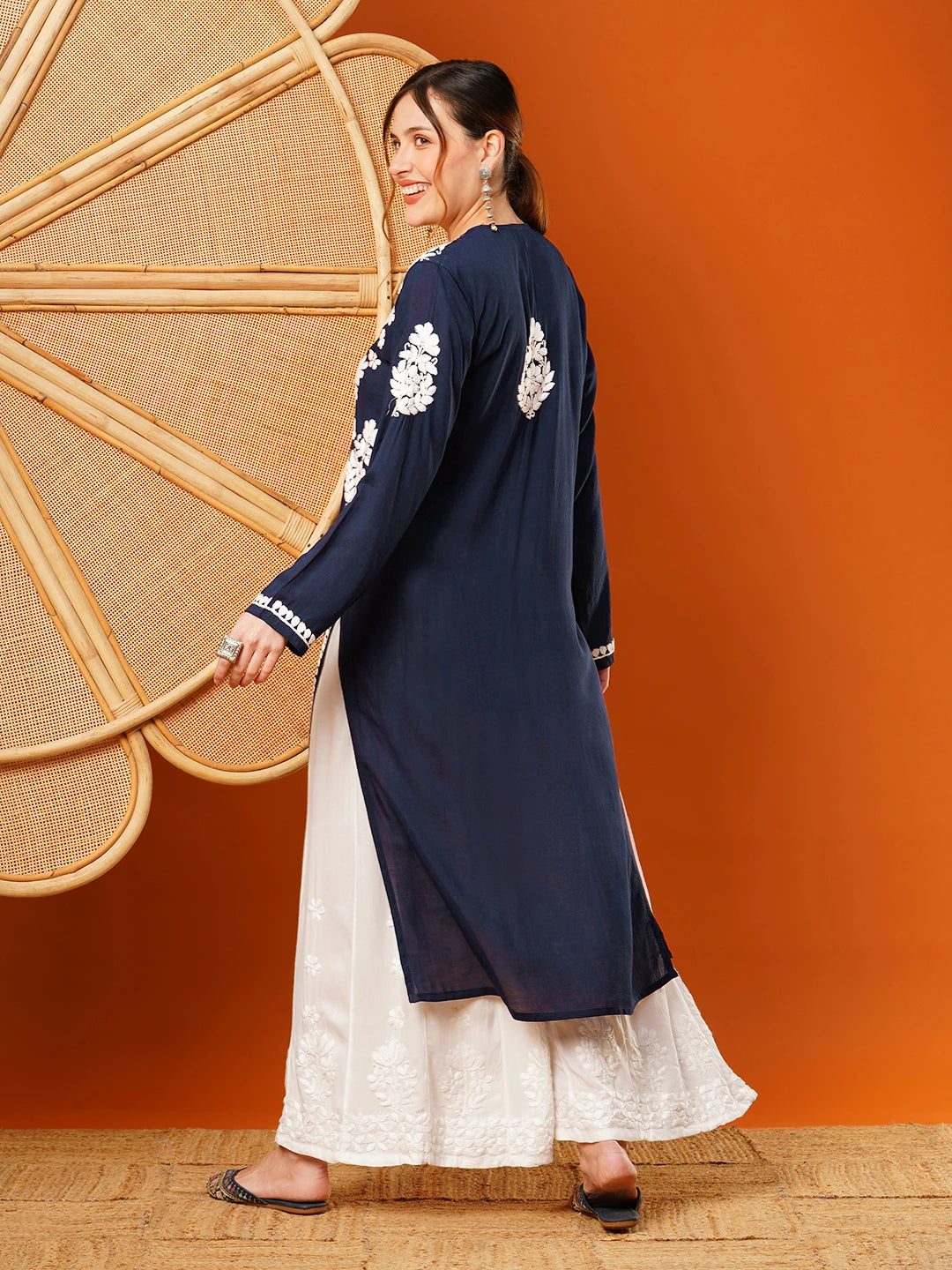 Ada Hand Embroidered Navy Blue Modal Lucknowi Chikankari Straight Kurta A411585