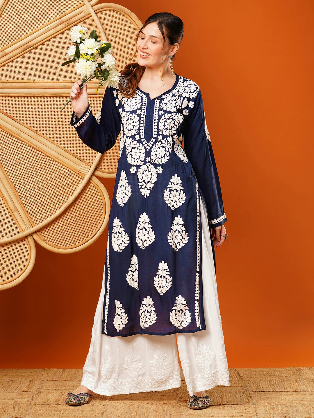 Ada Hand Embroidered Navy Blue Modal Lucknowi Chikankari Straight Kurta A411585
