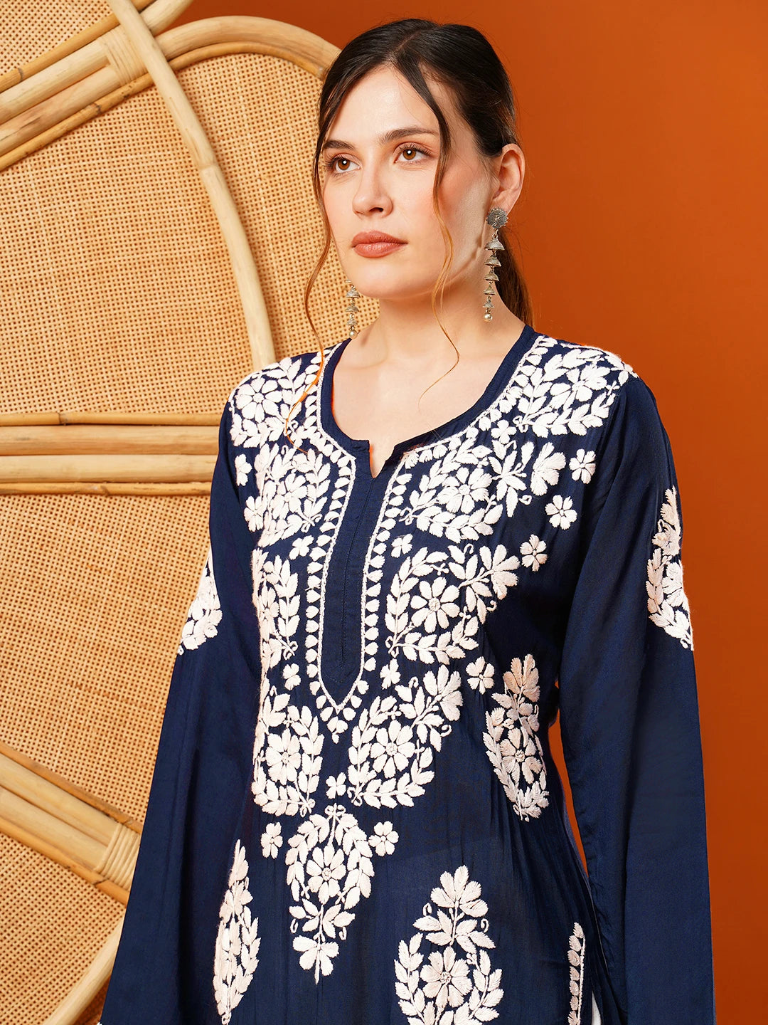 Ada Hand Embroidered Navy Blue Modal Lucknowi Chikankari Straight Kurta A411585