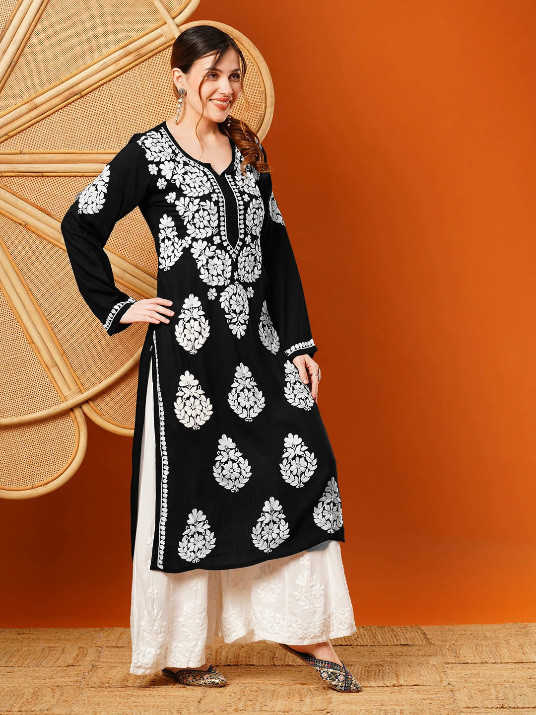 Ada Hand Embroidered Black Modal Lucknowi Chikankari Straight Kurta A411590