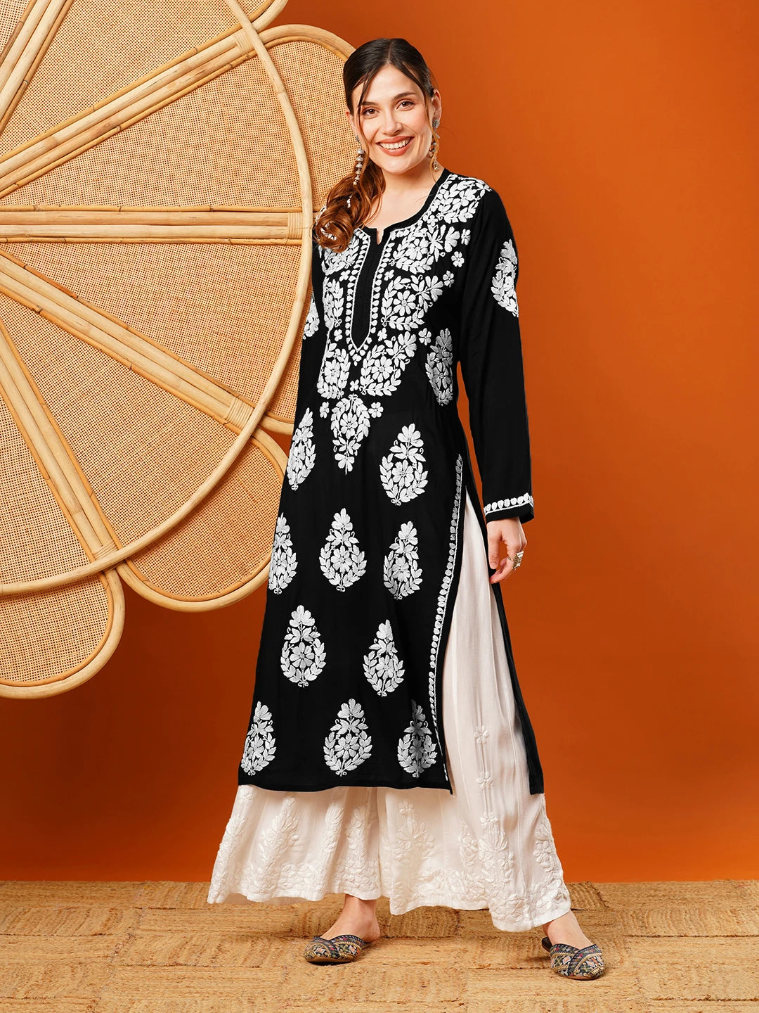Ada Hand Embroidered Black Modal Lucknowi Chikankari Straight Kurta A411590