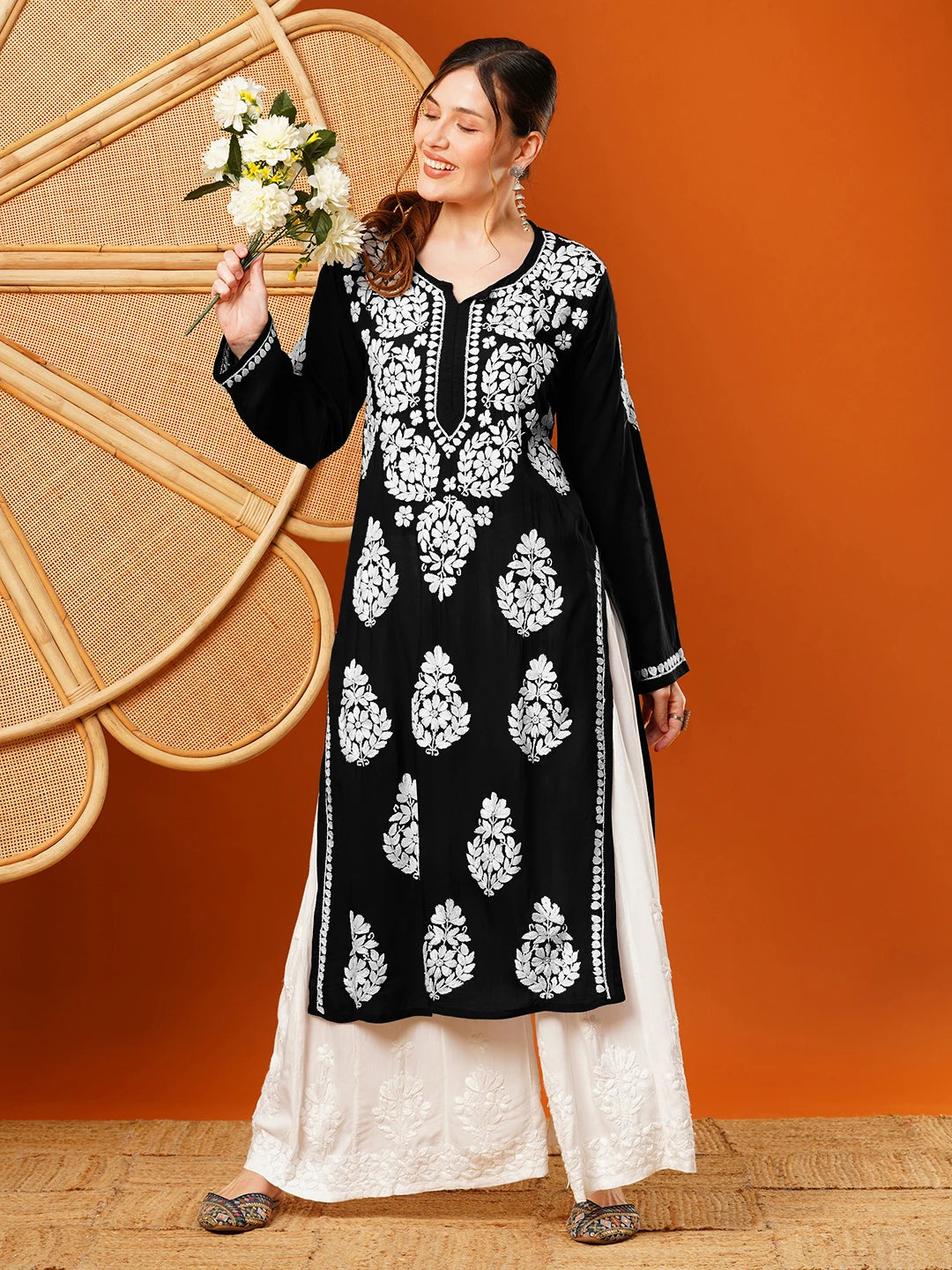 Ada Hand Embroidered Black Modal Lucknowi Chikankari Straight Kurta A411590