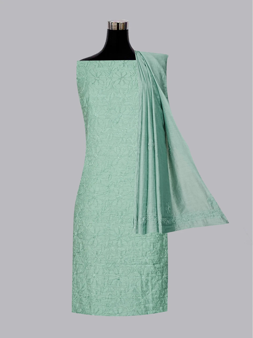 Ada Hand Embroidered Viridian Green Chanderi Lucknowi Chikankari Unstitched Kurta Dupatta Set 01A584801