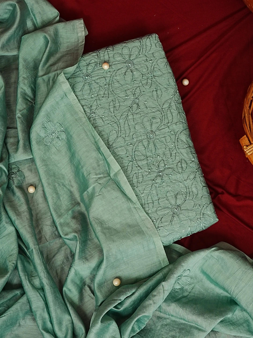 Ada Hand Embroidered Viridian Green Chanderi Lucknowi Chikankari Unstitched Kurta Dupatta Set 01A584801