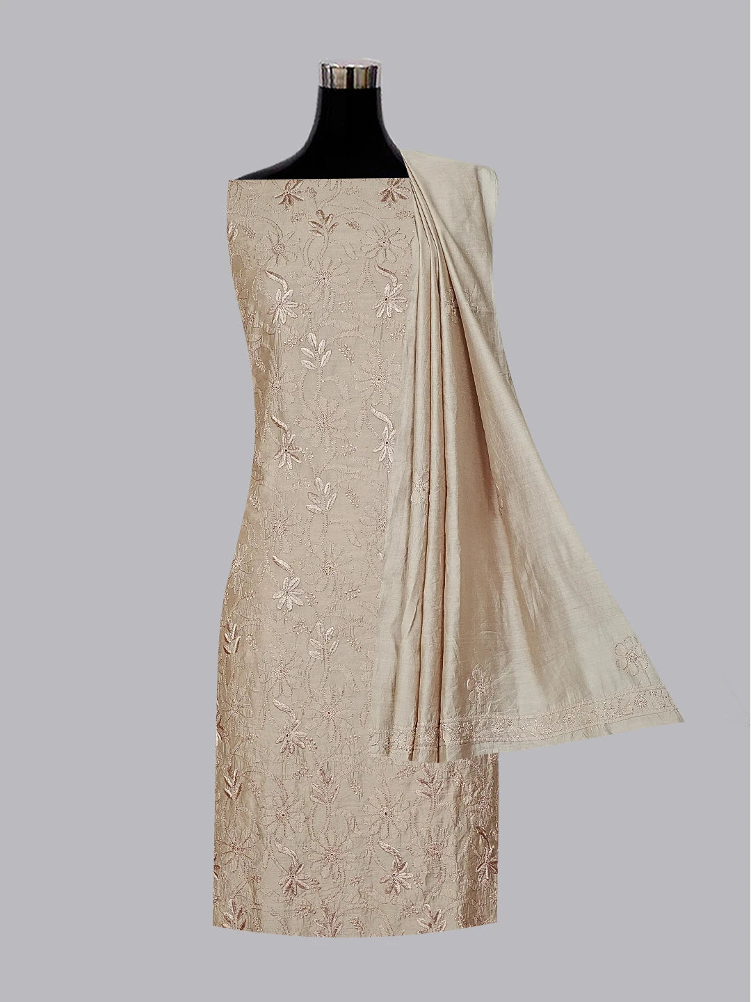 Ada Hand Embroidered Brown Chanderi Lucknowi Chikankari Unstitched Kurta Dupatta Set 01A584789