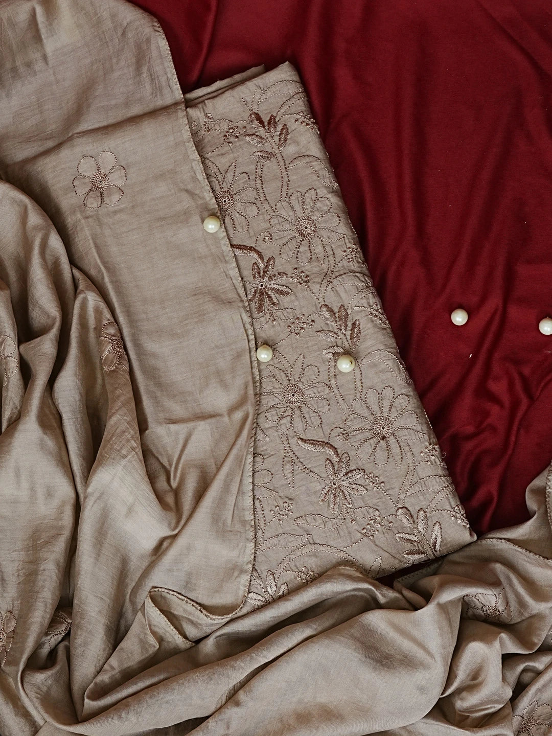 Ada Hand Embroidered Brown Chanderi Lucknowi Chikankari Unstitched Kurta Dupatta Set 01A584789