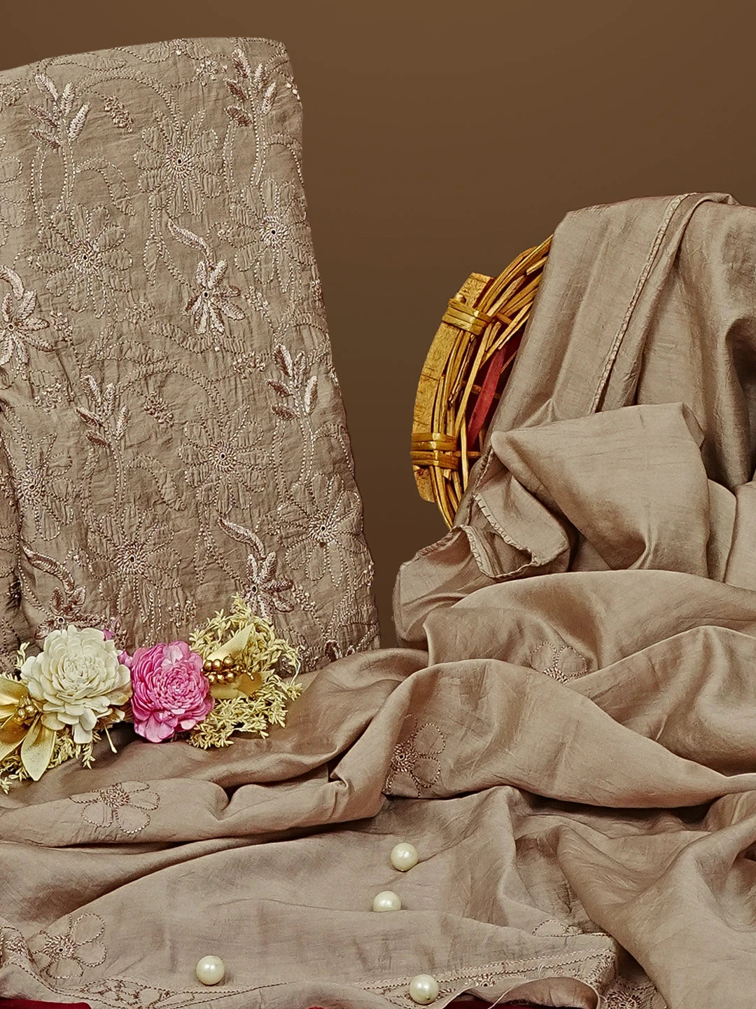 Ada Hand Embroidered Brown Chanderi Lucknowi Chikankari Unstitched Kurta Dupatta Set 01A584789