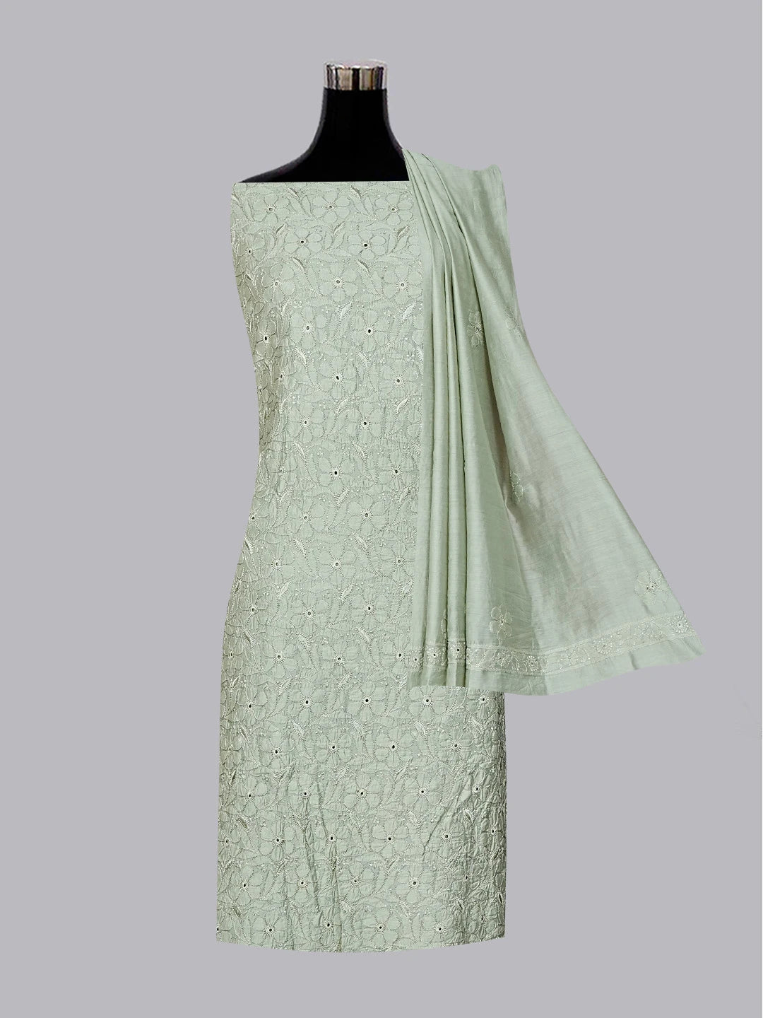 Ada Hand Embroidered Olive Green Chanderi Lucknowi Chikankari Unstitched Kurta Dupatta Set 01A584812