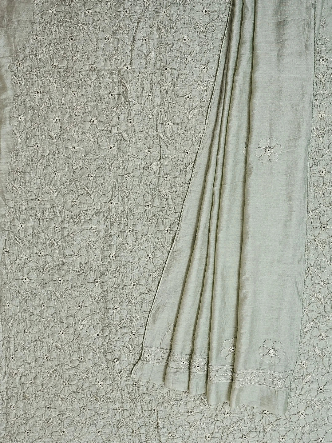Ada Hand Embroidered Olive Green Chanderi Lucknowi Chikankari Unstitched Kurta Dupatta Set 01A584812