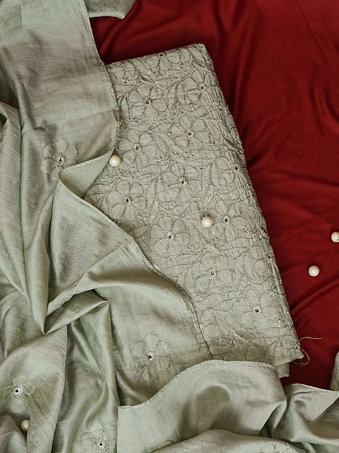 Ada Hand Embroidered Olive Green Chanderi Lucknowi Chikankari Unstitched Kurta Dupatta Set 01A584812