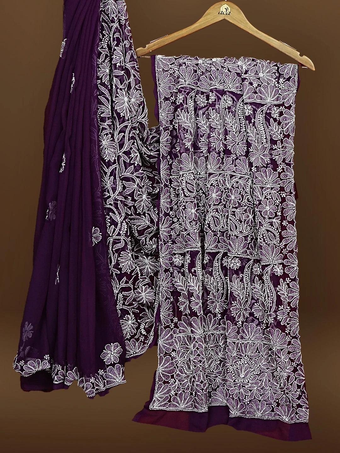 Ada Hand Embroidered Purple Fuax Georgette Lucknowi Chikankari Saree and Blouse 01A583334