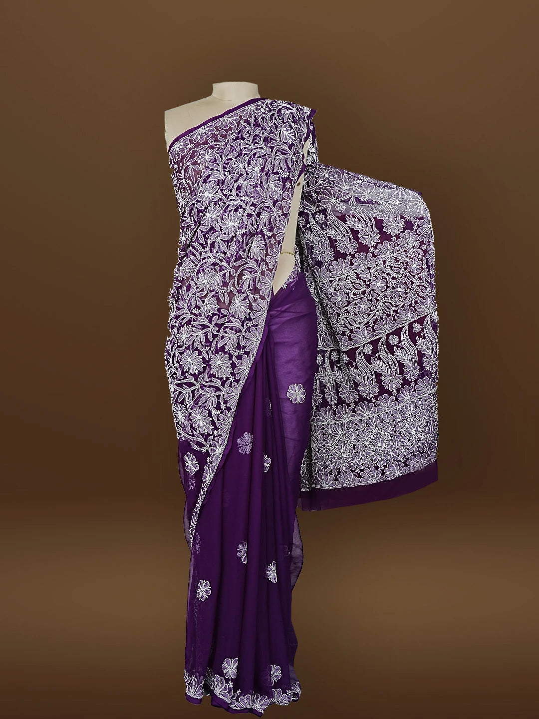Ada Hand Embroidered Purple Fuax Georgette Lucknowi Chikankari Saree and Blouse 01A583334