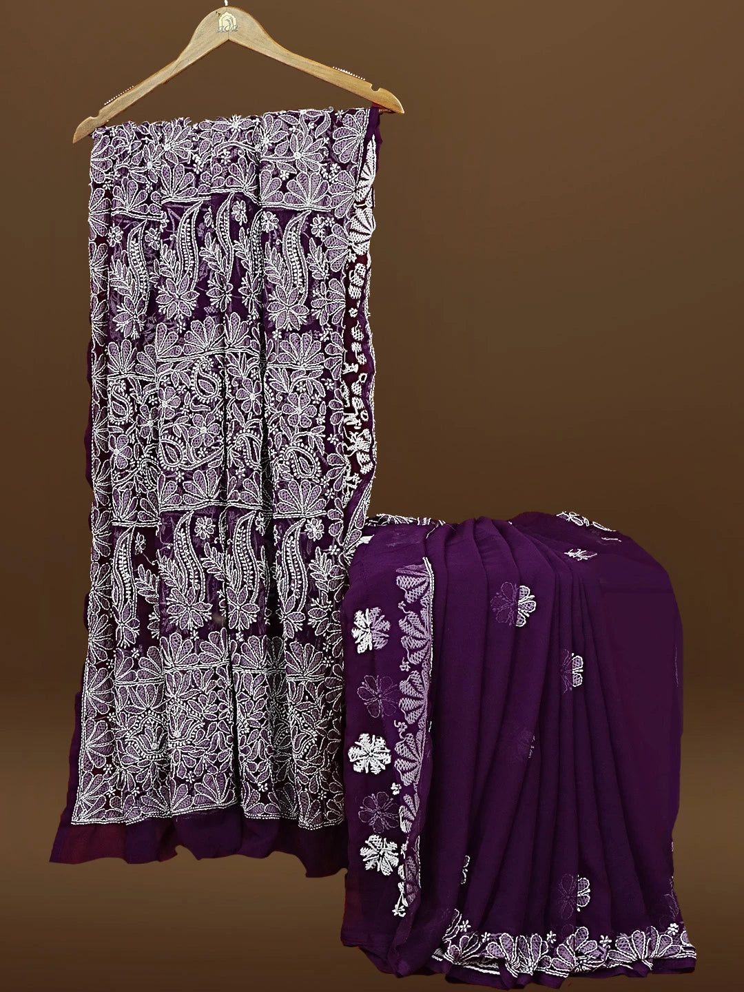 Ada Hand Embroidered Purple Fuax Georgette Lucknowi Chikankari Saree and Blouse 01A583334