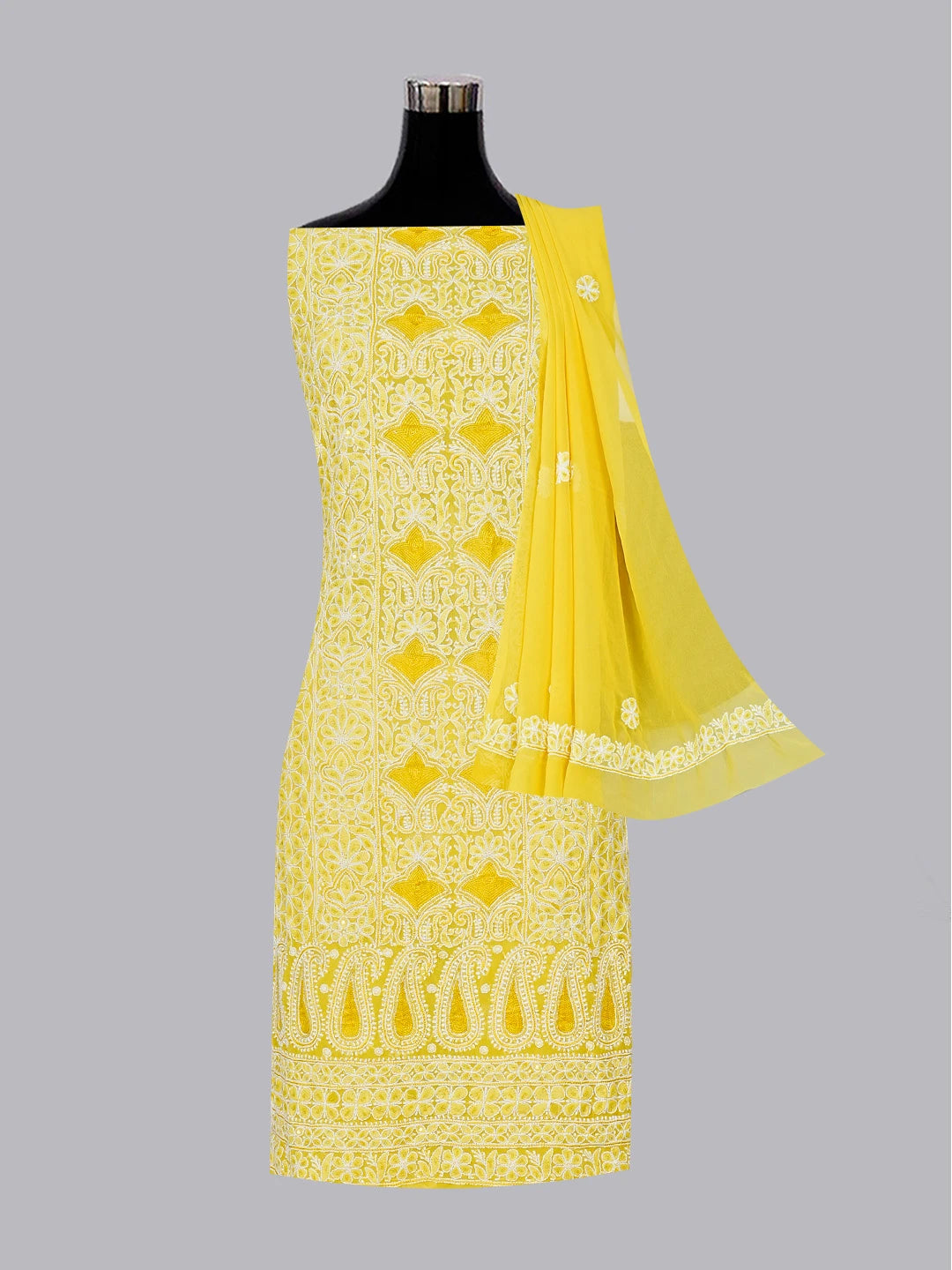 Ada Hand Embroidered Yellow Georgette Lucknowi Chikankari Unstitched Suit Piece With Sequinned Work 01A584338