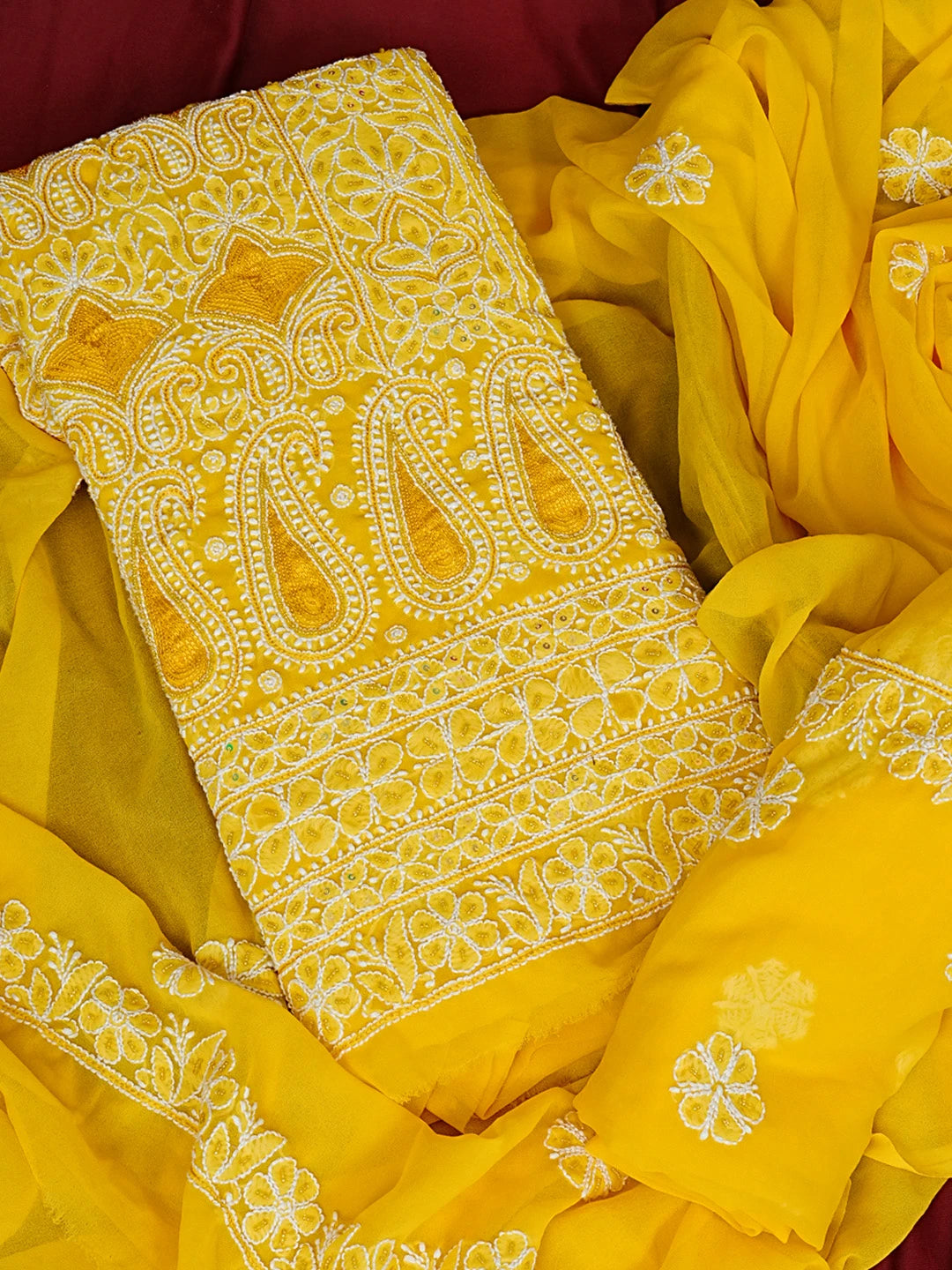 Ada Hand Embroidered Yellow Georgette Lucknowi Chikankari Unstitched Suit Piece With Sequinned Work 01A584338