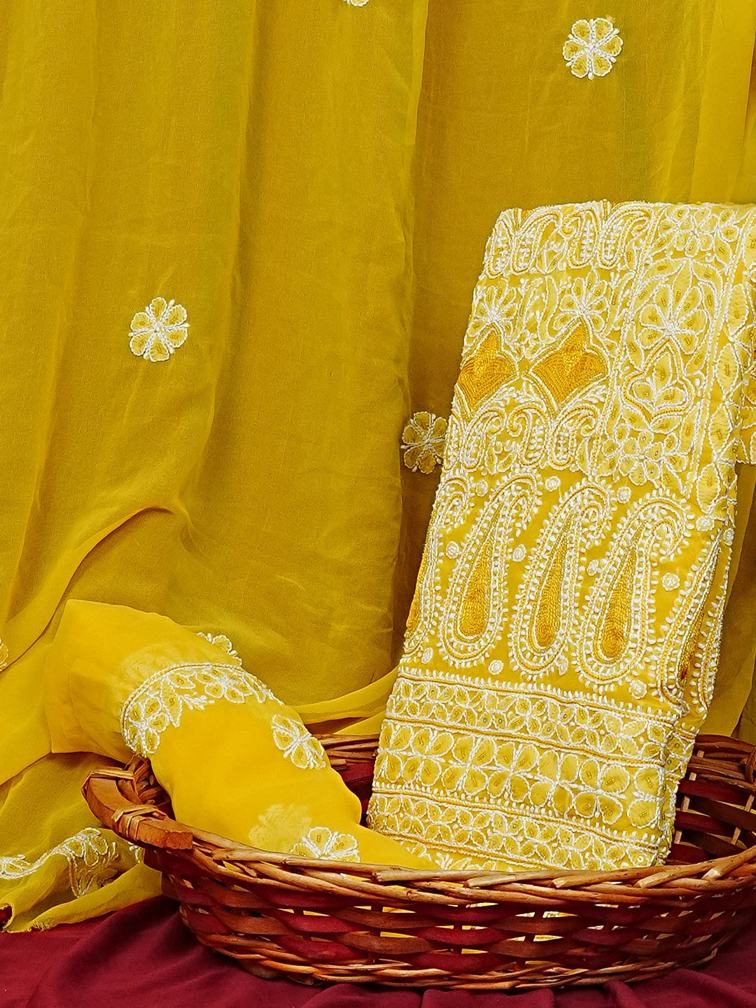 Ada Hand Embroidered Yellow Georgette Lucknowi Chikankari Unstitched Suit Piece With Sequinned Work 01A584338