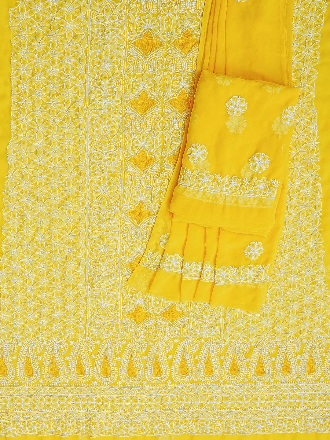 Ada Hand Embroidered Yellow Georgette Lucknowi Chikankari Unstitched Suit Piece With Sequinned Work 01A584338