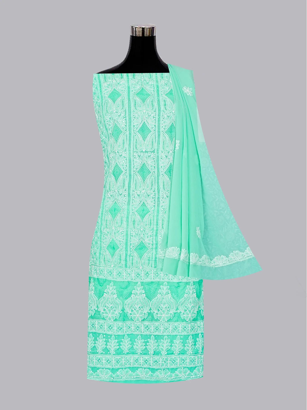 Ada Hand Embroidered Sea Green Georgette Lucknowi Chikankari Unstitched Suit Piece With Sequinned Work 01A584342