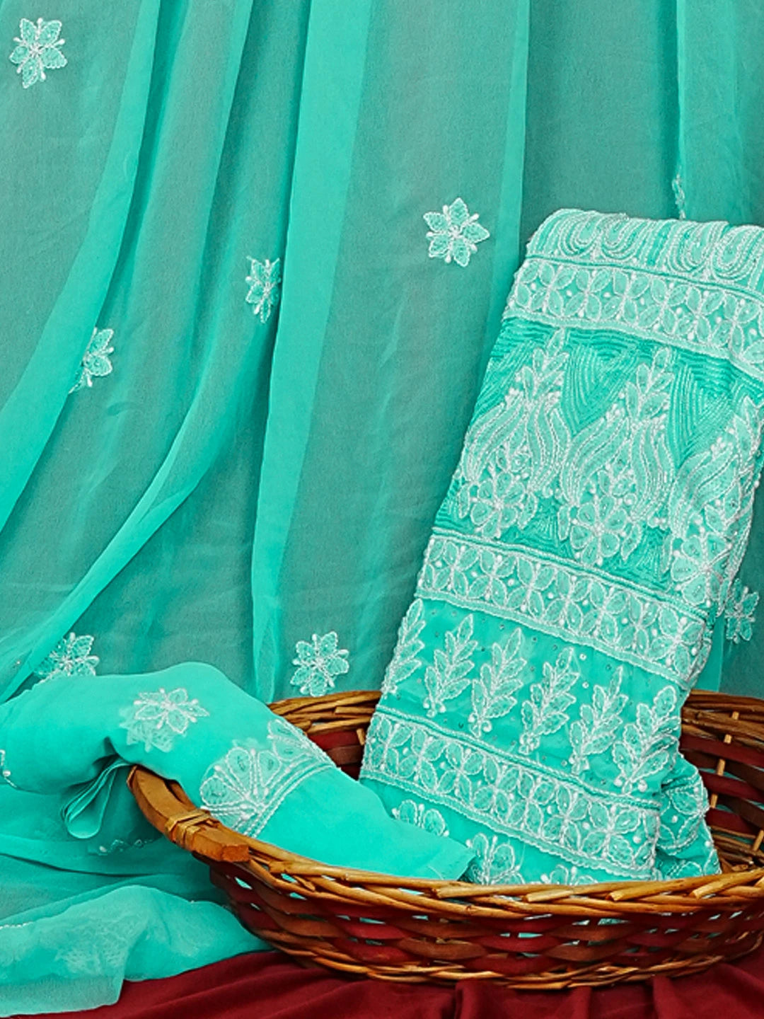 Ada Hand Embroidered Sea Green Georgette Lucknowi Chikankari Unstitched Suit Piece With Sequinned Work 01A584342