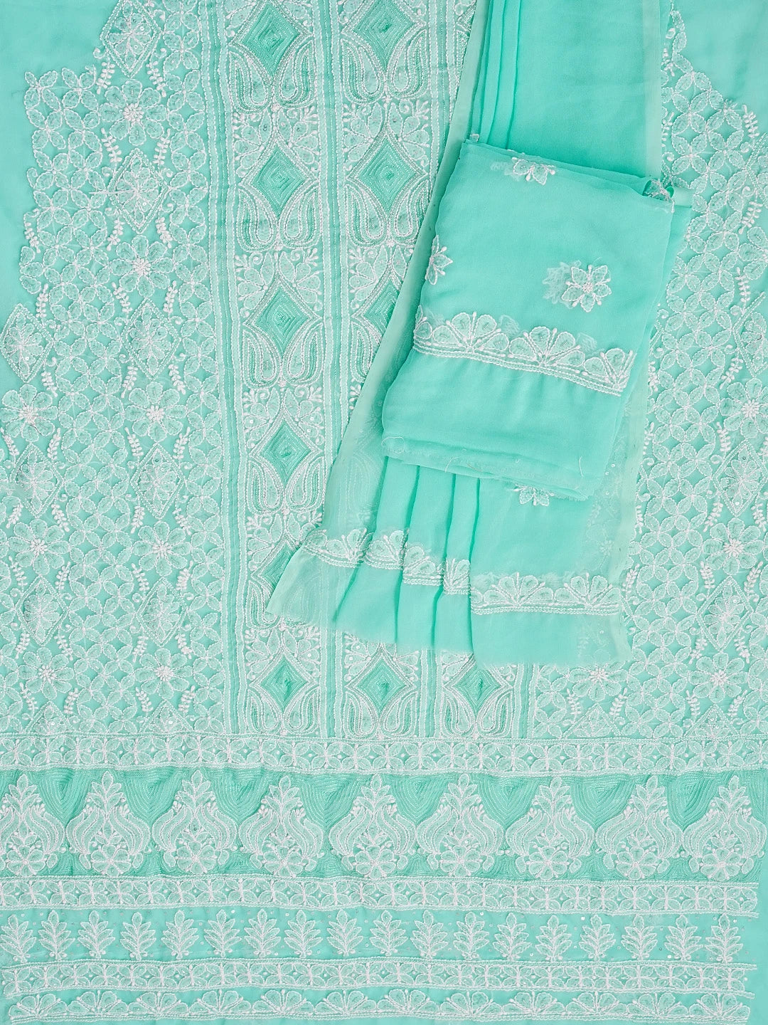 Ada Hand Embroidered Sea Green Georgette Lucknowi Chikankari Unstitched Suit Piece With Sequinned Work 01A584342