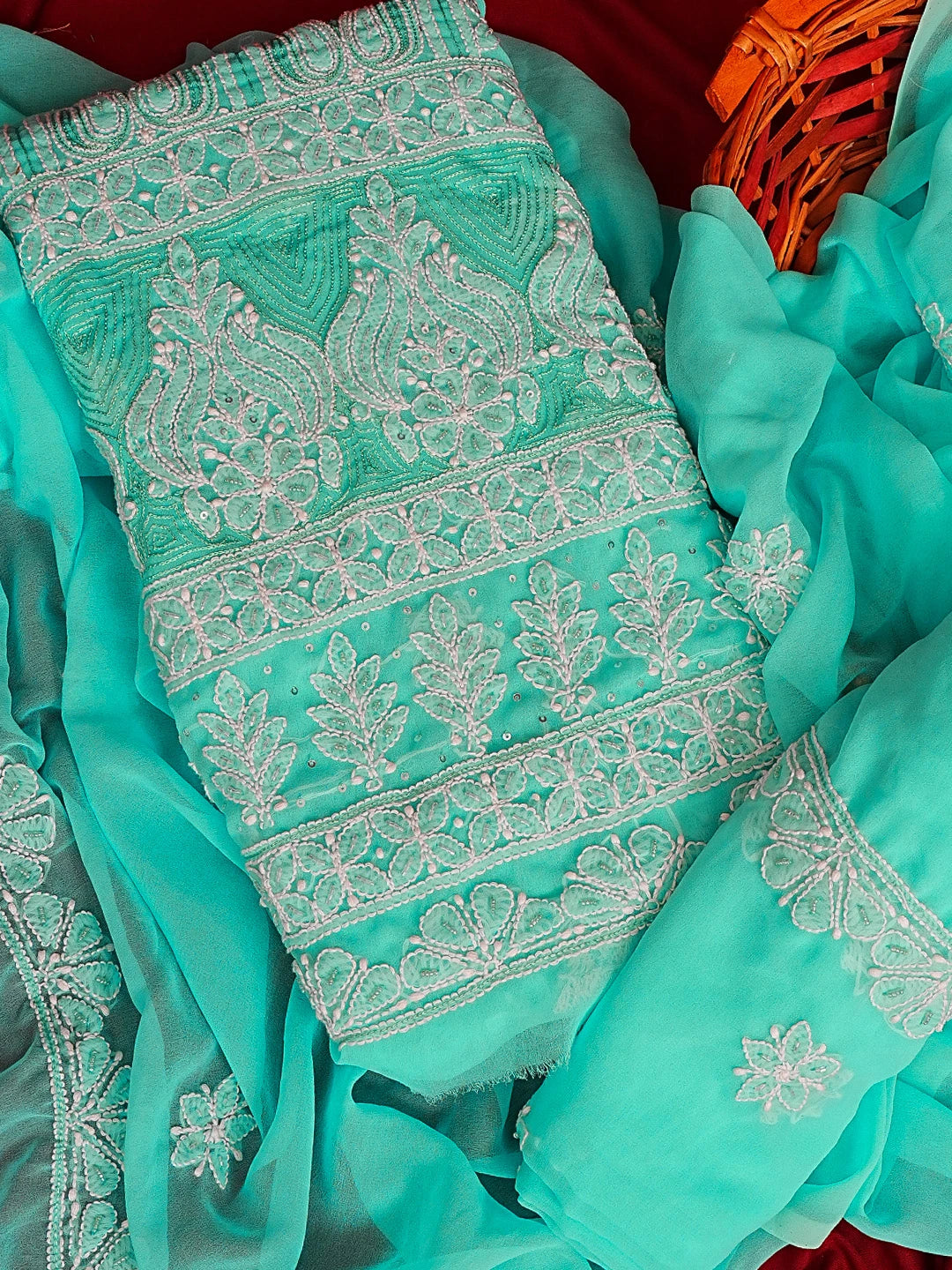 Ada Hand Embroidered Sea Green Georgette Lucknowi Chikankari Unstitched Suit Piece With Sequinned Work 01A584342