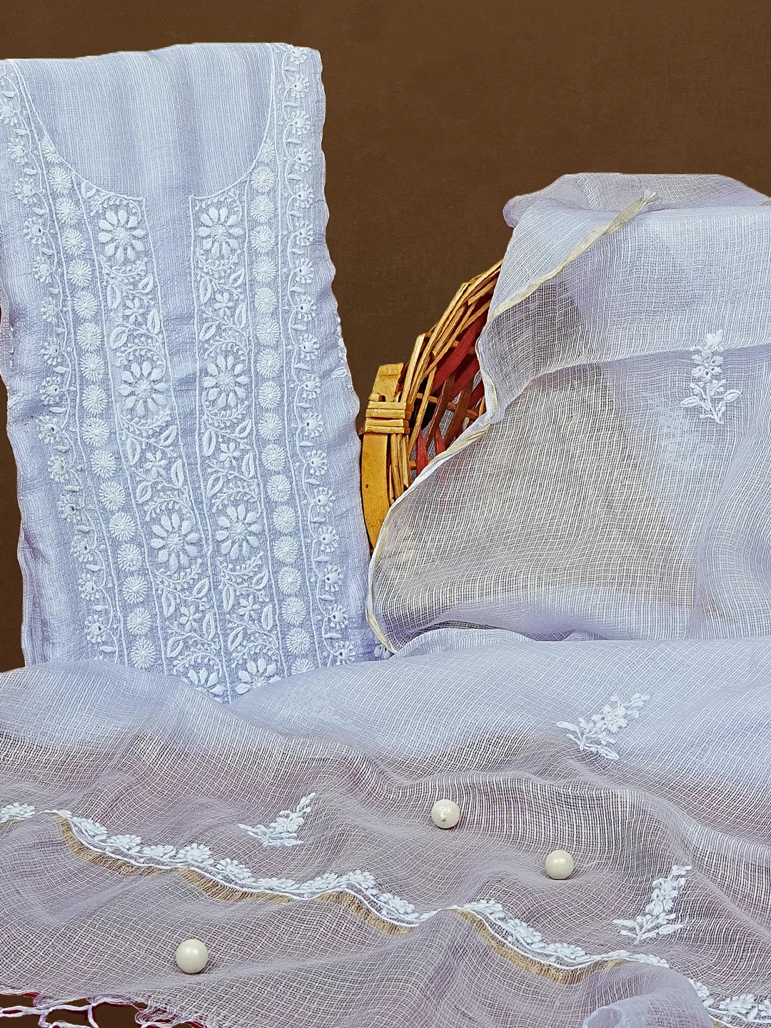 Ada Hand Embroidered Mauve Kota Silk Lucknowi Chikankari Unstitched Kurta Dupatta Set 01A580690