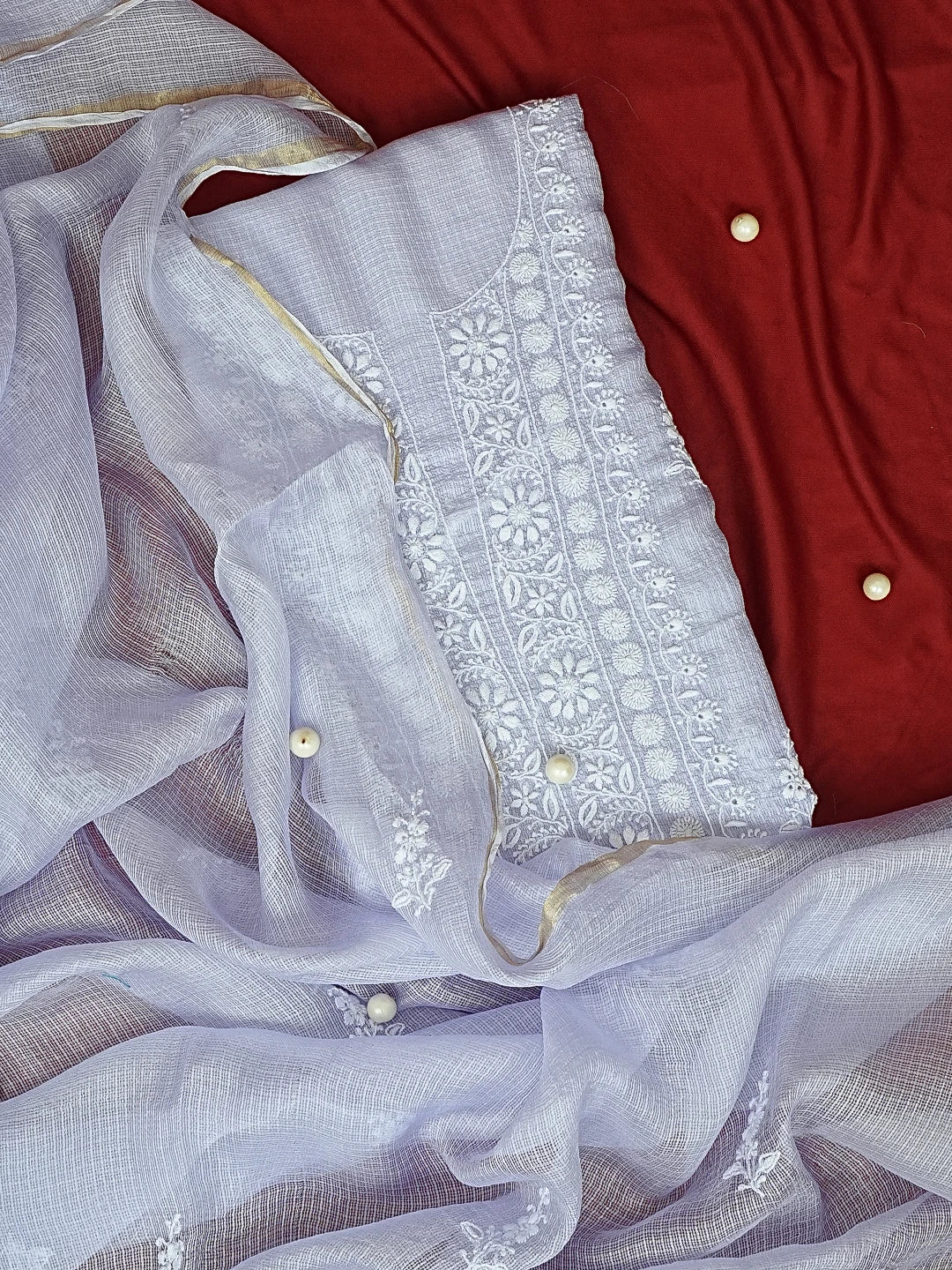 Ada Hand Embroidered Mauve Kota Silk Lucknowi Chikankari Unstitched Kurta Dupatta Set 01A580690
