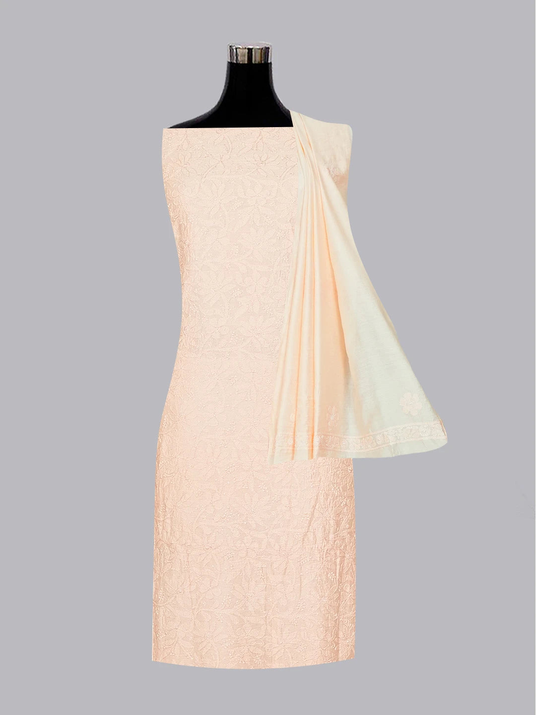 Ada Hand Embroidered Melon Peach Chanderi Lucknowi Chikankari Unstitched Kurta Dupatta Set 01A584728
