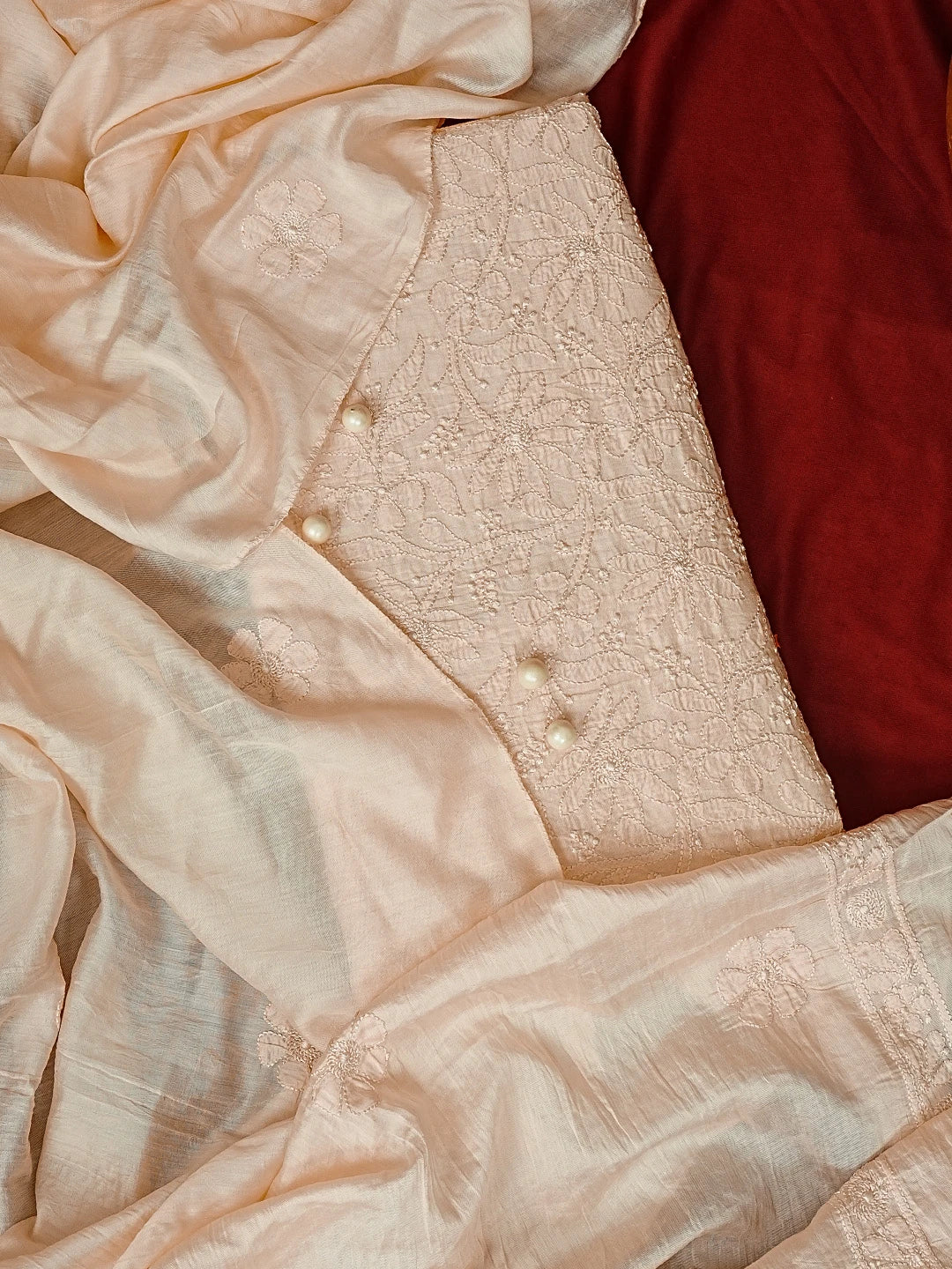 Ada Hand Embroidered Melon Peach Chanderi Lucknowi Chikankari Unstitched Kurta Dupatta Set 01A584728