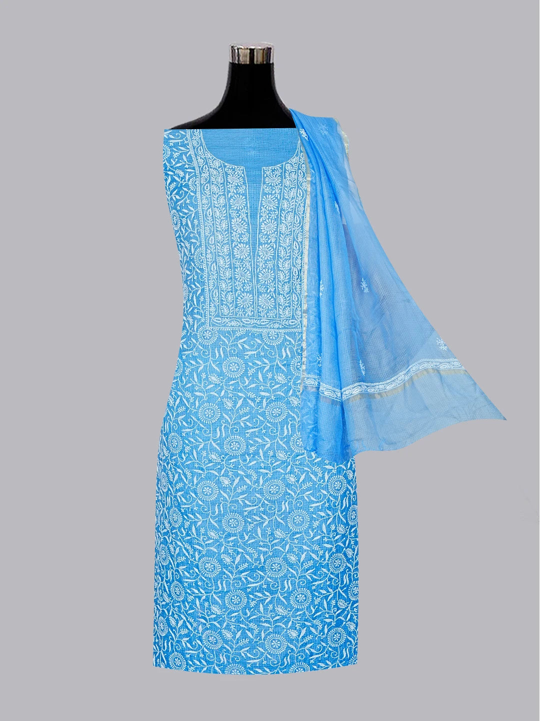 Ada Hand Embroidered Blue Kota Silk Lucknowi Chikankari Unstitched Kurta Dupatta Set 01A575671
