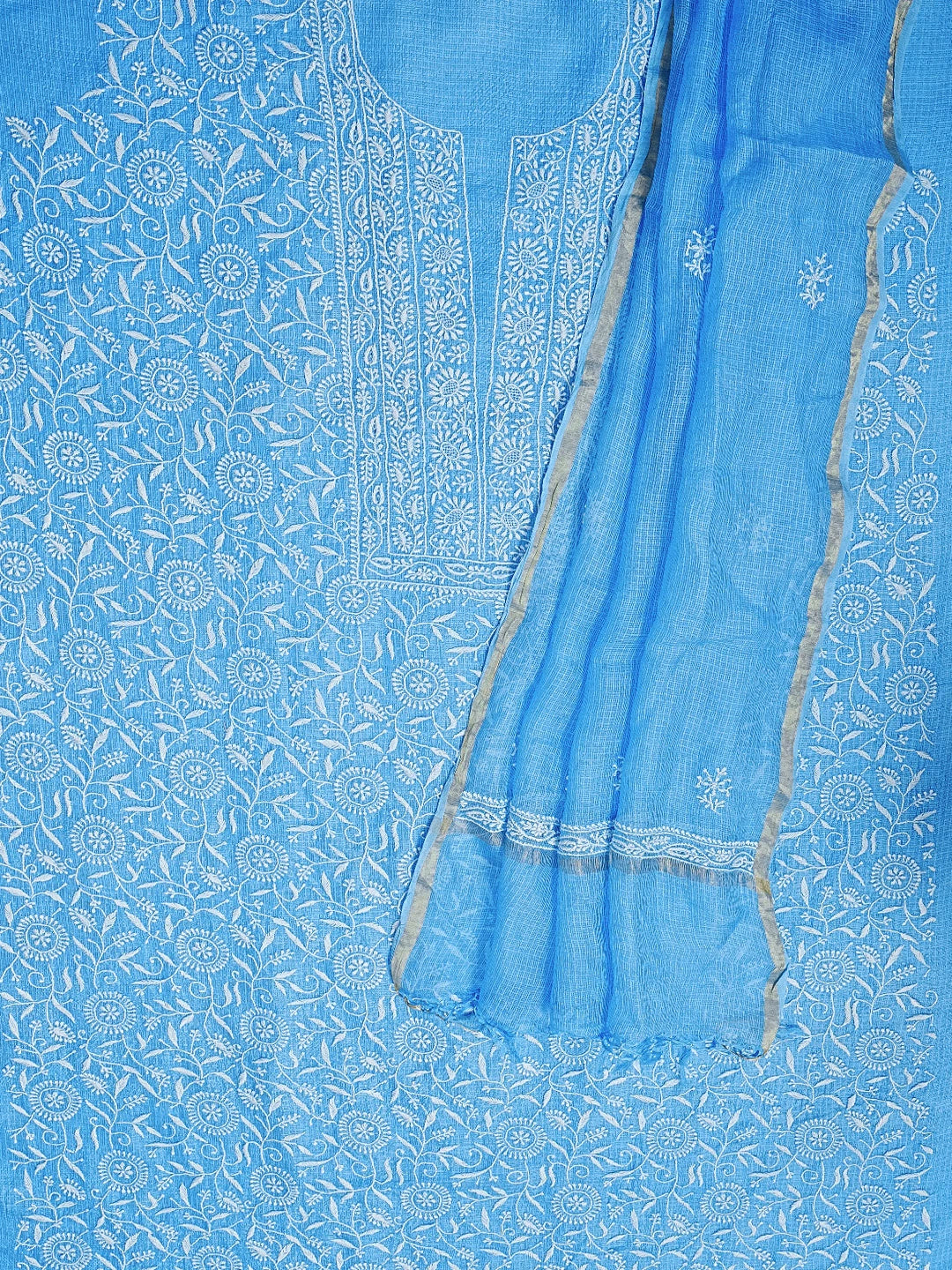 Ada Hand Embroidered Blue Kota Silk Lucknowi Chikankari Unstitched Kurta Dupatta Set 01A575671