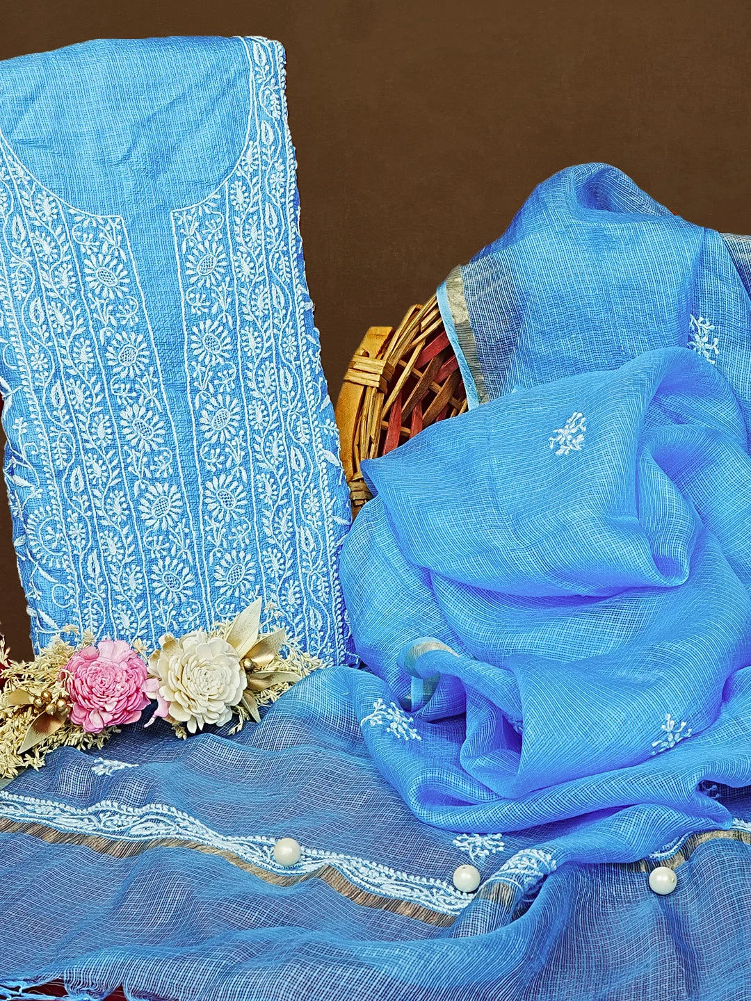 Ada Hand Embroidered Blue Kota Silk Lucknowi Chikankari Unstitched Kurta Dupatta Set 01A575671