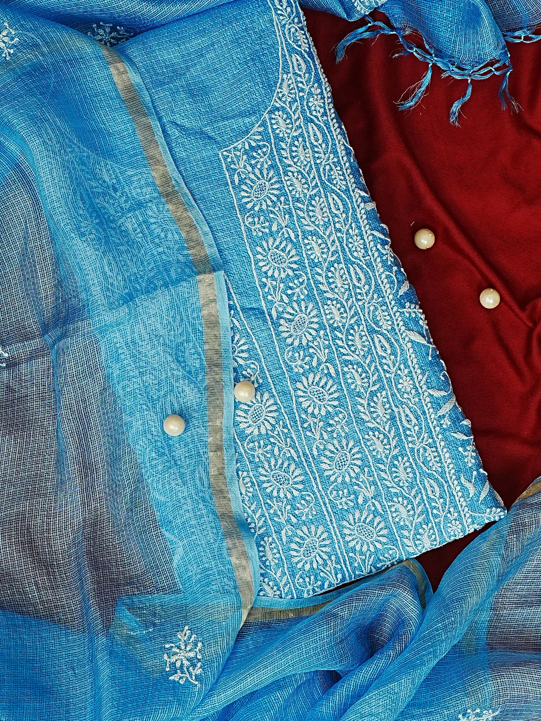 Ada Hand Embroidered Blue Kota Silk Lucknowi Chikankari Unstitched Kurta Dupatta Set 01A575671