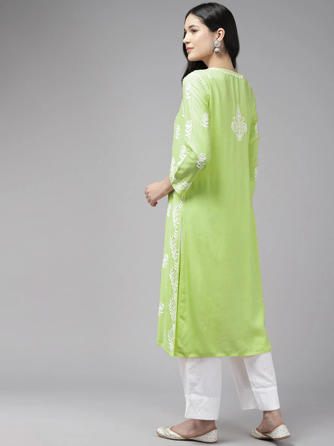Ada Hand Embroidered Liril Green Rayon Lucknowi Chikankari Straight Kurta A411643