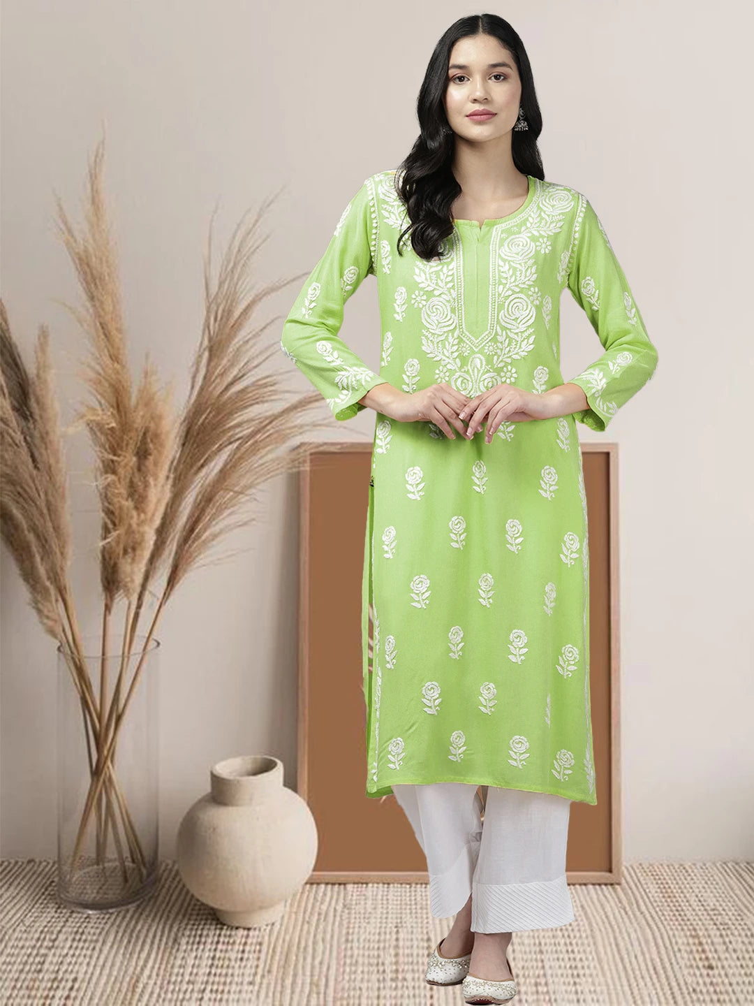 Ada Hand Embroidered Liril Green Rayon Lucknowi Chikankari Straight Kurta A411643