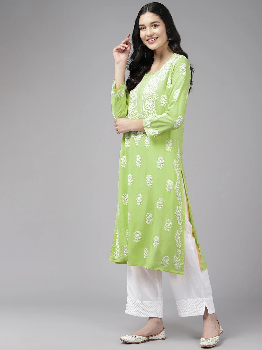 Ada Hand Embroidered Liril Green Rayon Lucknowi Chikankari Straight Kurta A411643
