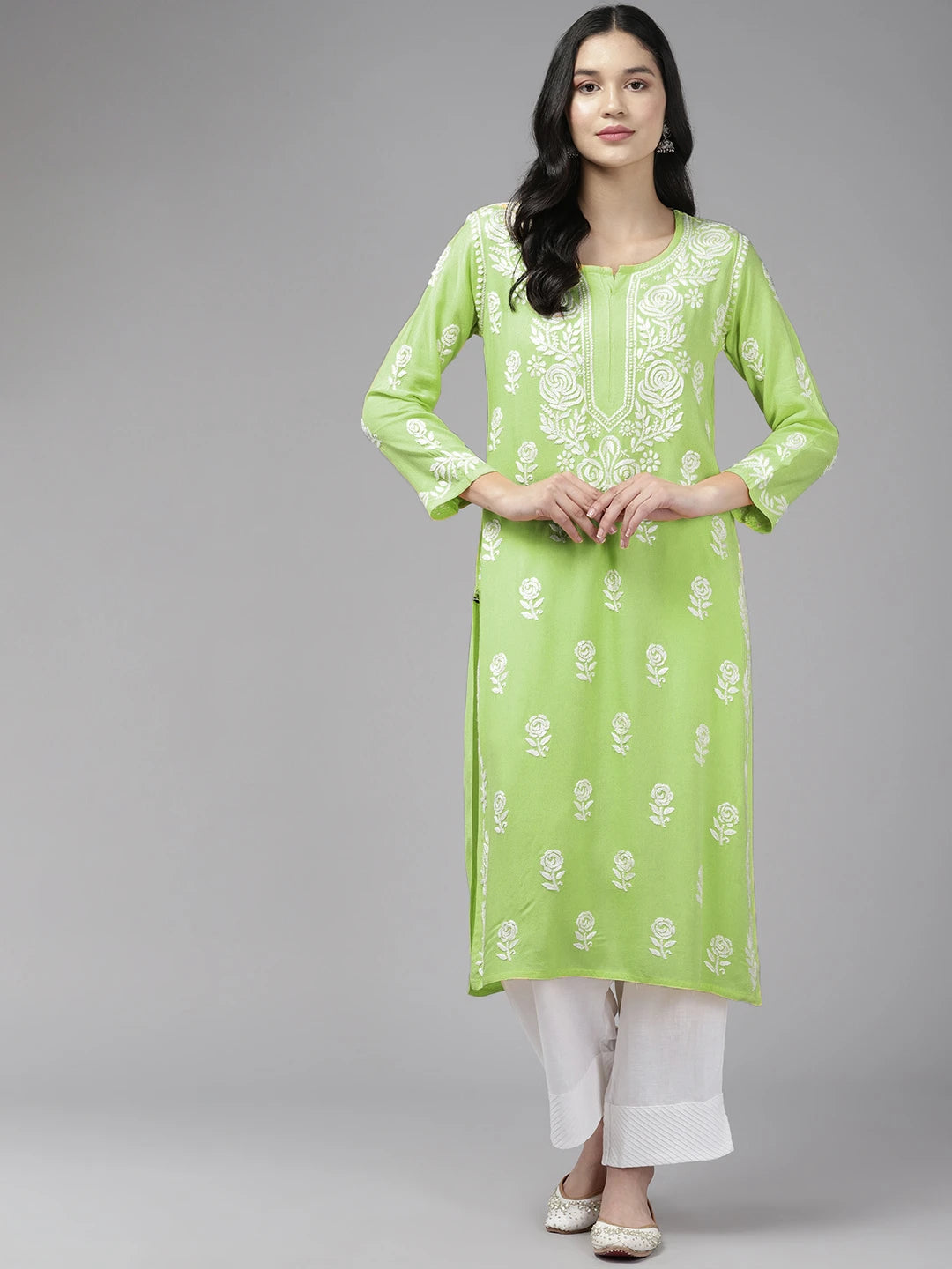 Ada Hand Embroidered Liril Green Rayon Lucknowi Chikankari Straight Kurta A411643