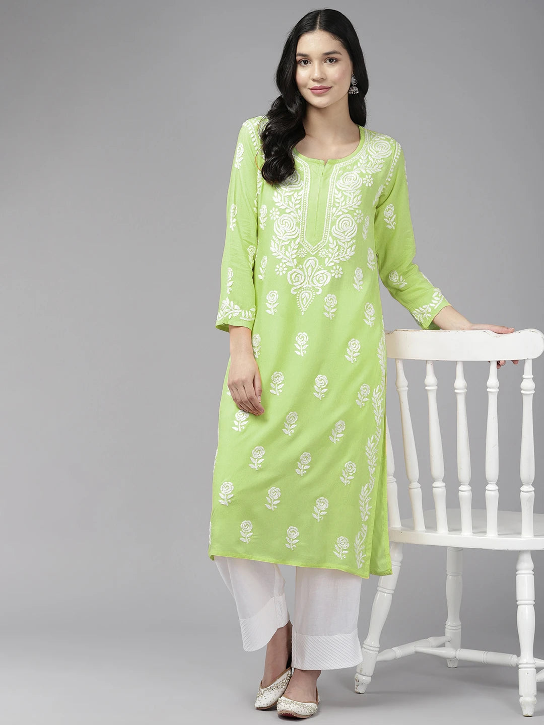 Ada Hand Embroidered Liril Green Rayon Lucknowi Chikankari Straight Kurta A411643