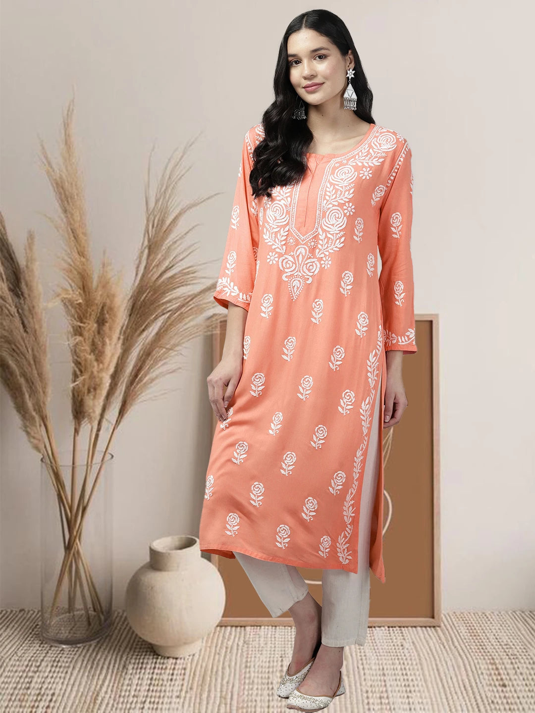 Ada Hand Embroidered Peach Rayon Lucknowi Chikankari Straight Kurta A411642