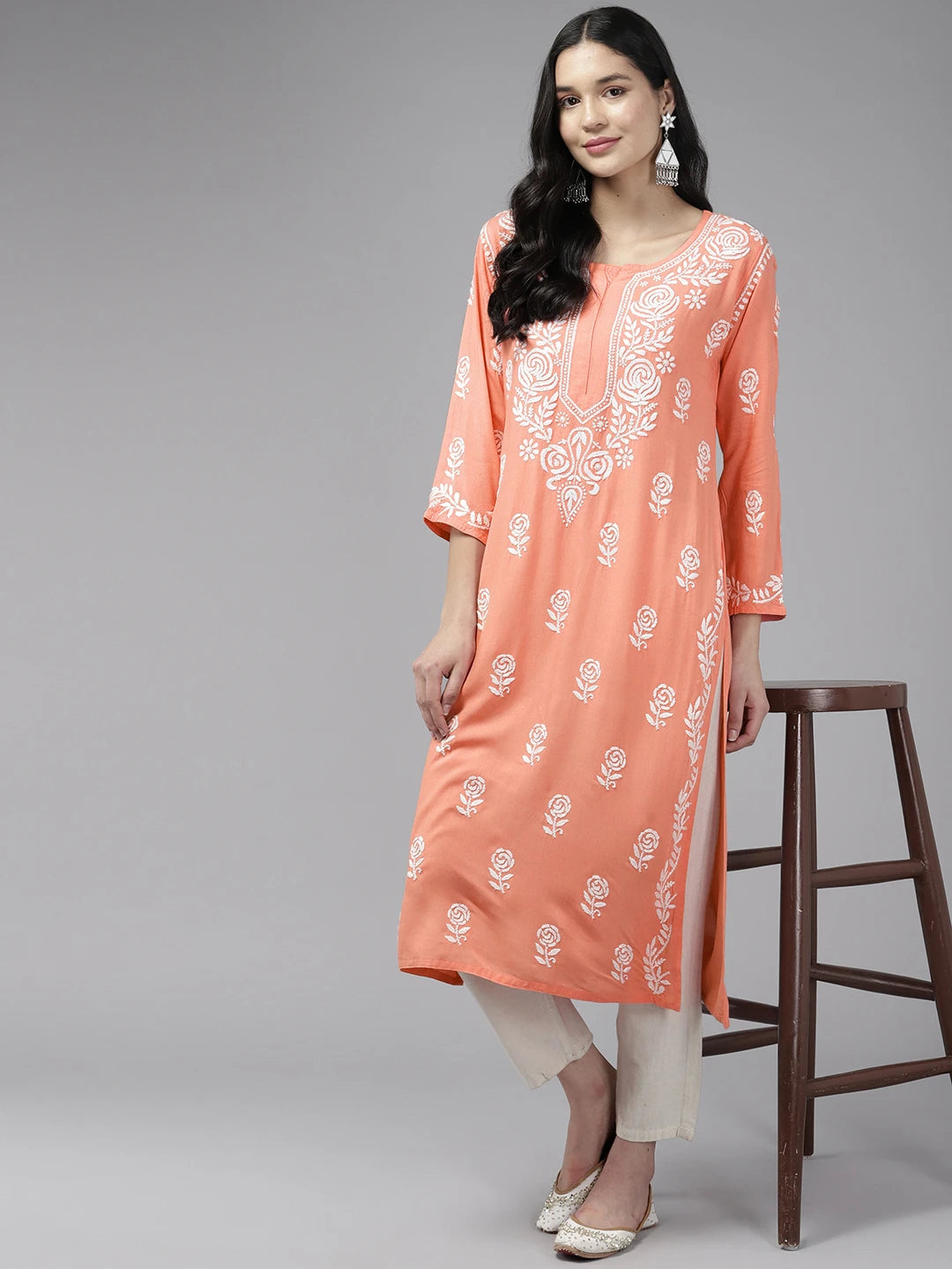 Ada Hand Embroidered Peach Rayon Lucknowi Chikankari Straight Kurta A411642