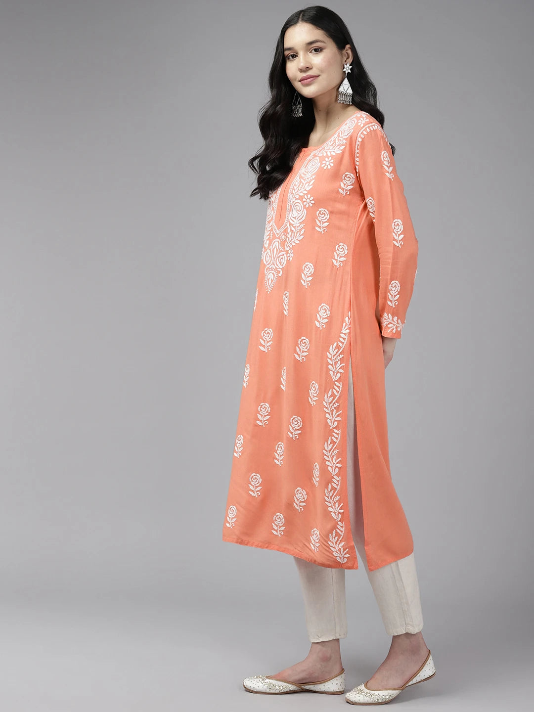 Ada Hand Embroidered Peach Rayon Lucknowi Chikankari Straight Kurta A411642