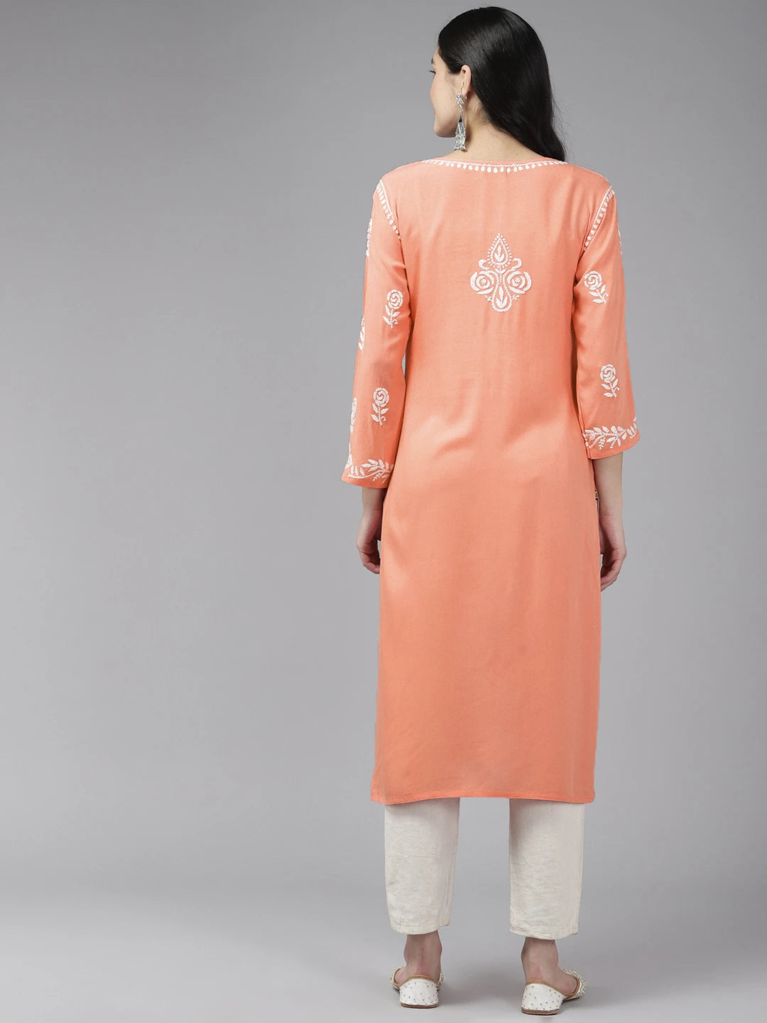 Ada Hand Embroidered Peach Rayon Lucknowi Chikankari Straight Kurta A411642