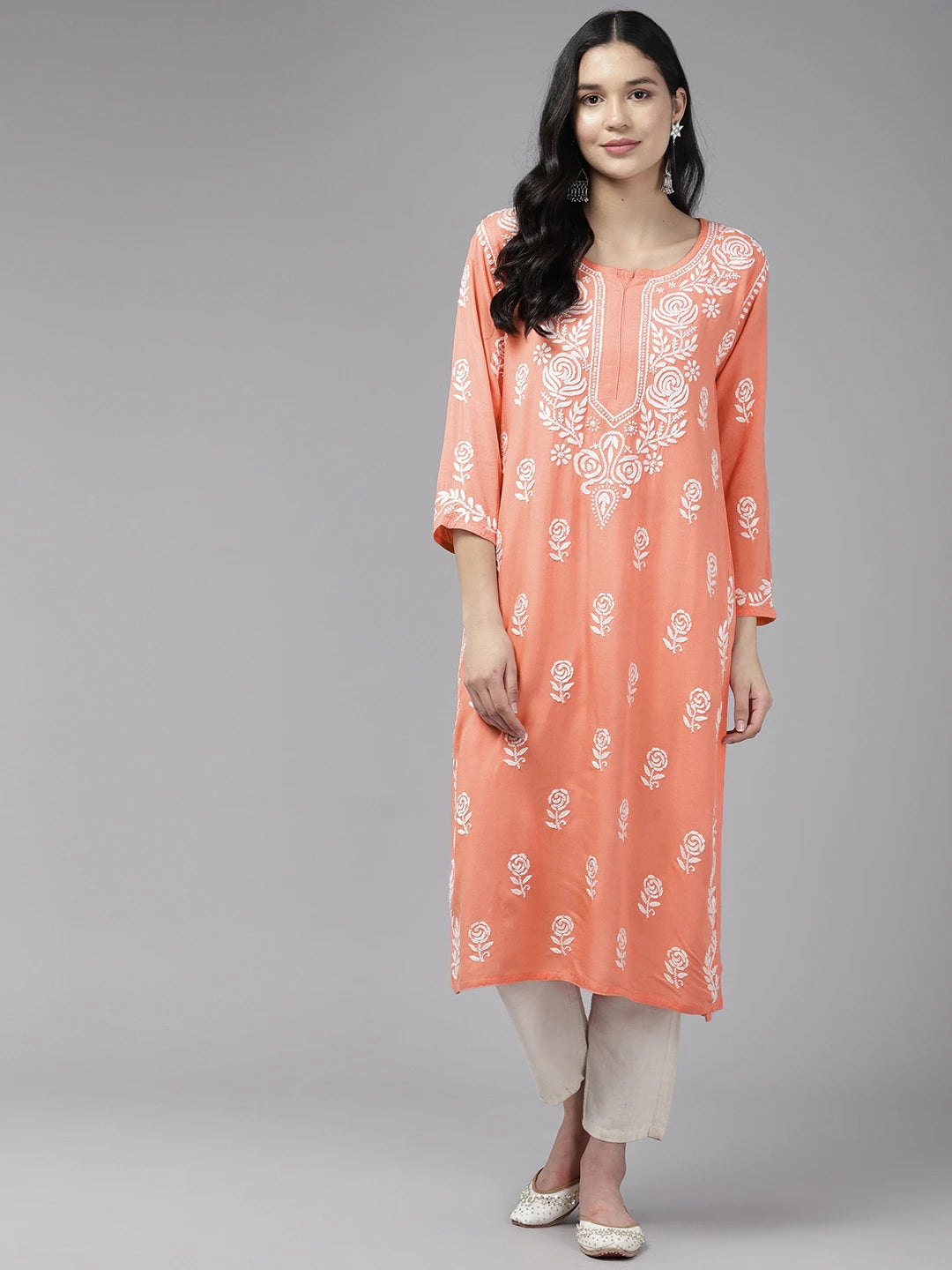 Ada Hand Embroidered Peach Rayon Lucknowi Chikankari Straight Kurta A411642