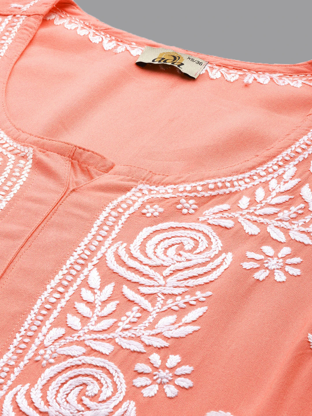 Ada Hand Embroidered Peach Rayon Lucknowi Chikankari Straight Kurta A411642