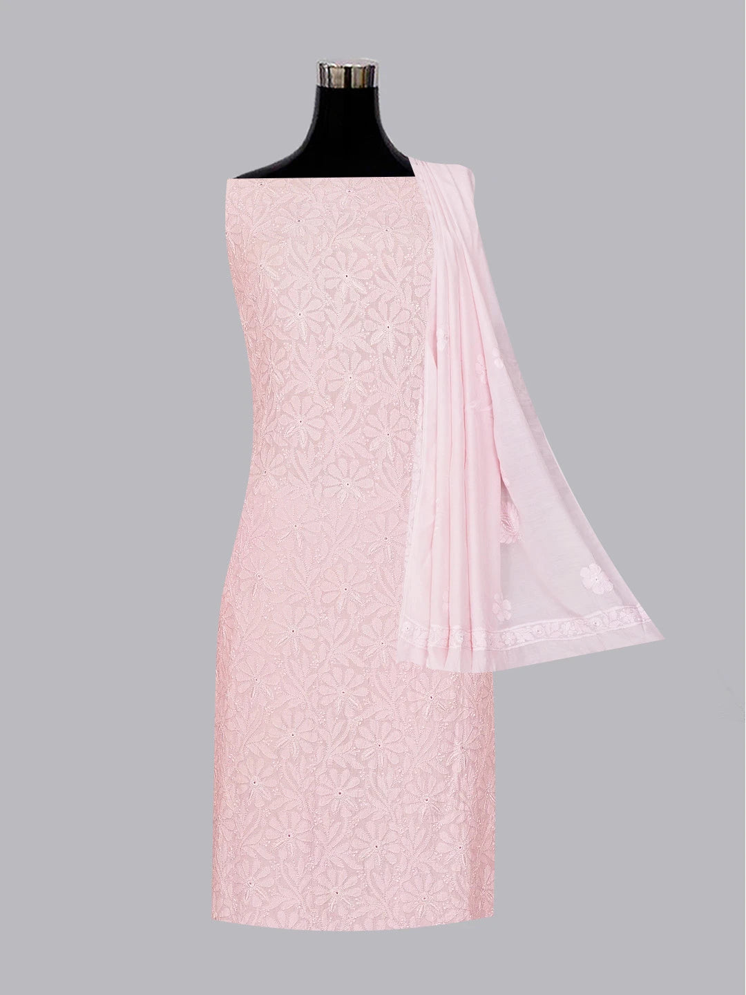 Ada Hand Embroidered Pink Muslin Lucknowi Chikankari Unstitched Kurta Dupatta Set 01A584978