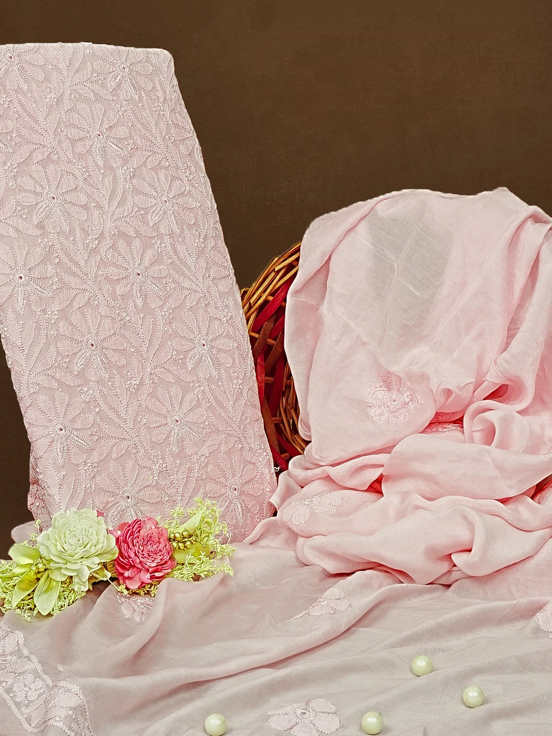 Ada Hand Embroidered Pink Muslin Lucknowi Chikankari Unstitched Kurta Dupatta Set 01A584978
