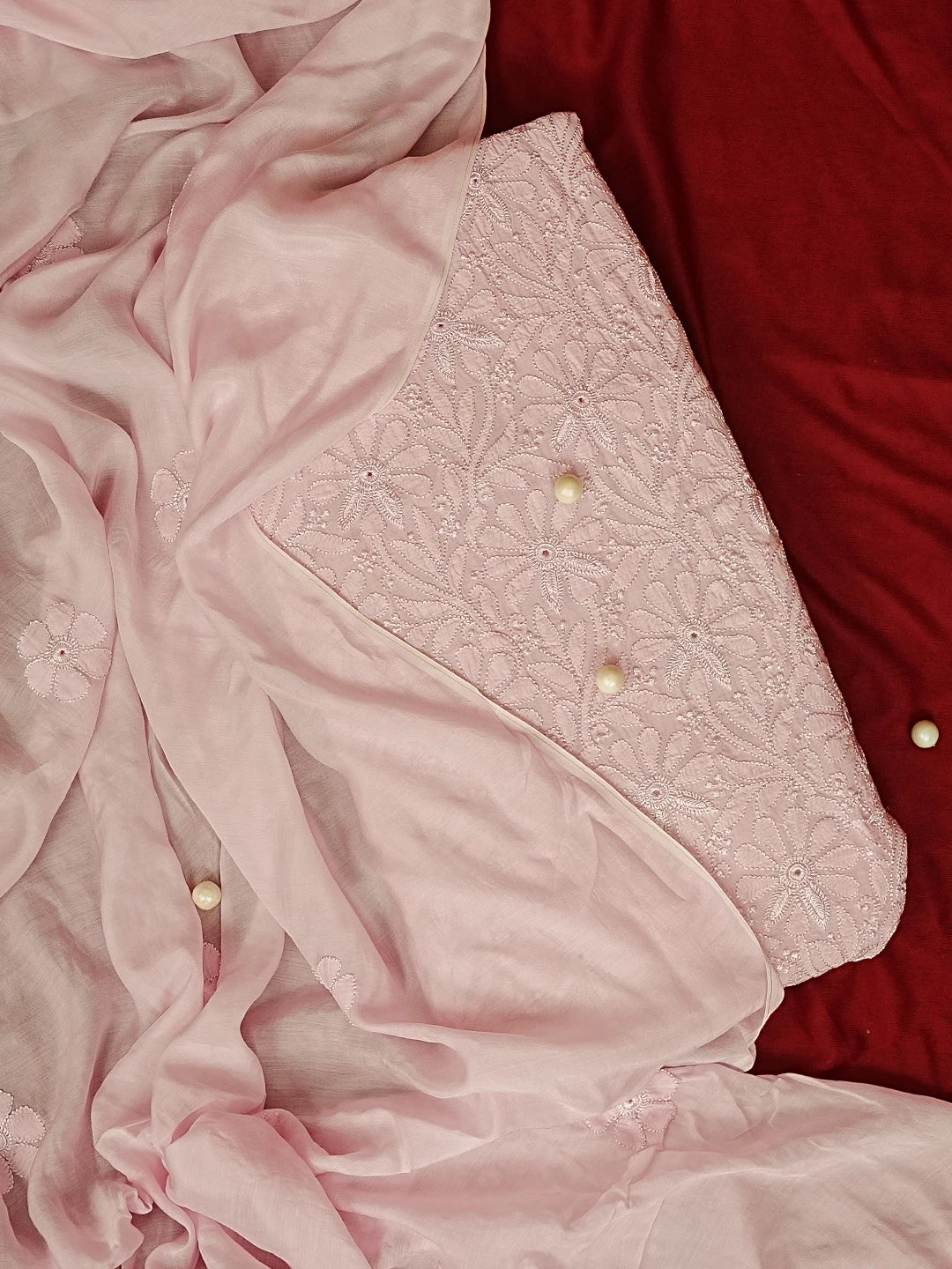 Ada Hand Embroidered Pink Muslin Lucknowi Chikankari Unstitched Kurta Dupatta Set 01A584978